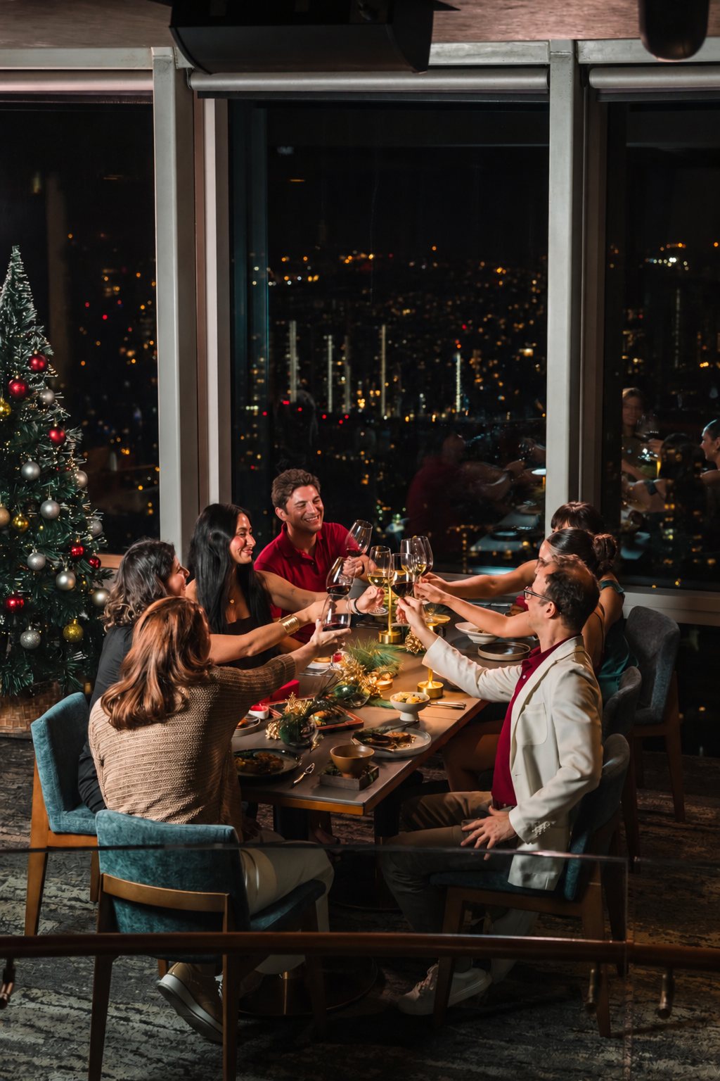 Friends toasting at a festive Christmas dinner table at FIRE, 1-Atico